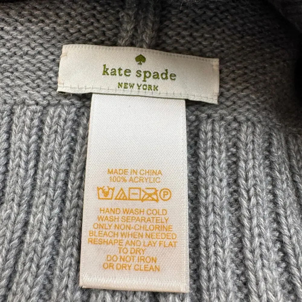 Kate Spade In Your Dreams Gray Black Pom-Pom Beanie Hat Knit Ribbed Cuff OS NEW